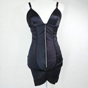 Vintage Tripp NYC Black Satin Front Zip Bondage Whimsigoth Mini Dress